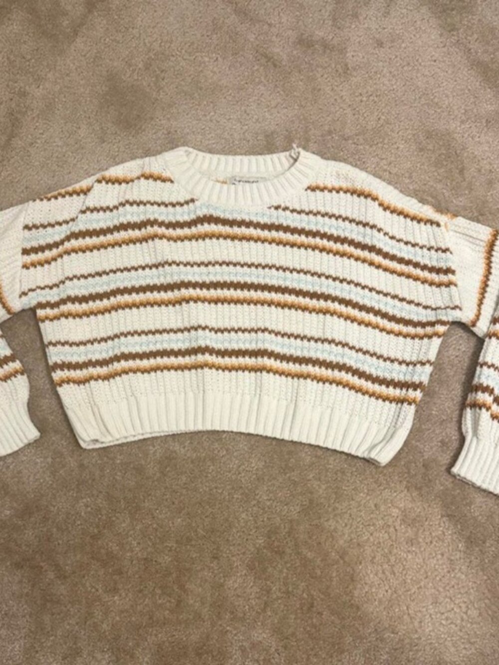 Cream Brown Striped Cropped Knit Crew Neck Sweater